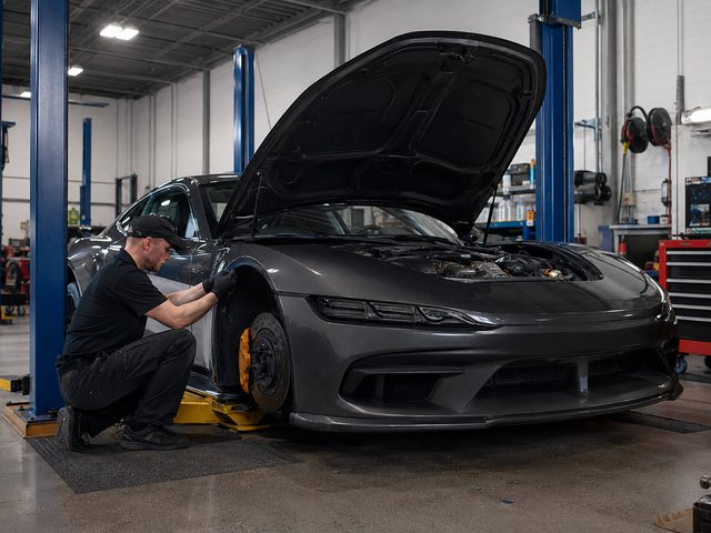 スポーツカーを整備する整備士